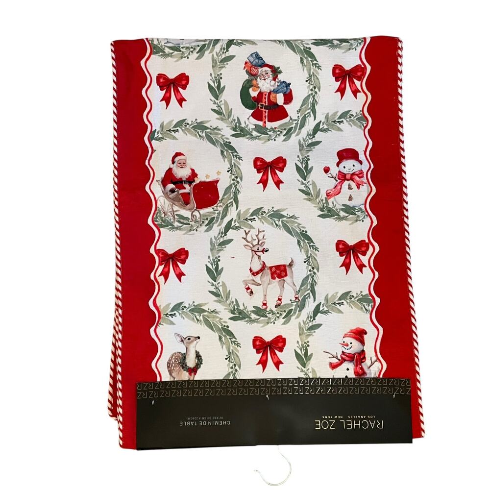 RACHEL ZOE Christmas Table Runner 16x90 Santa Bow Wreath Holiday Red White New